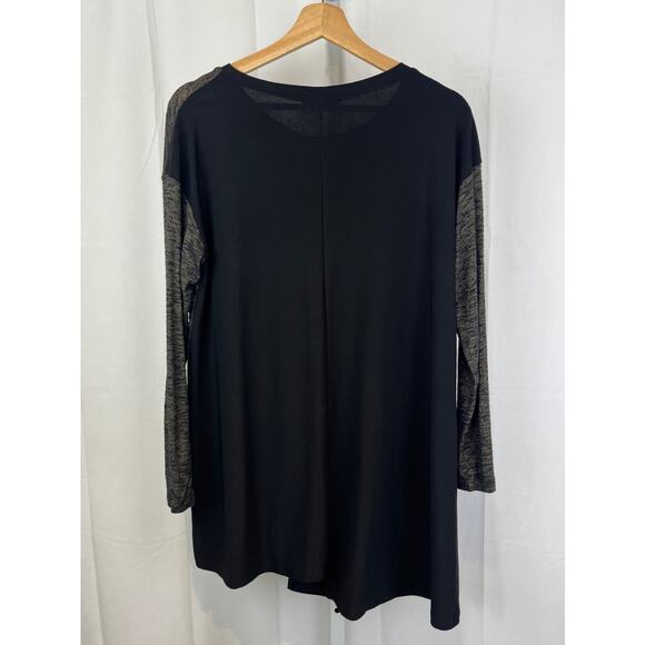 SUN KIM Colorblock Tunic Top Long Sleeve Asymmetric Pocket Hem Black Brown S - Picture 2 of 7
